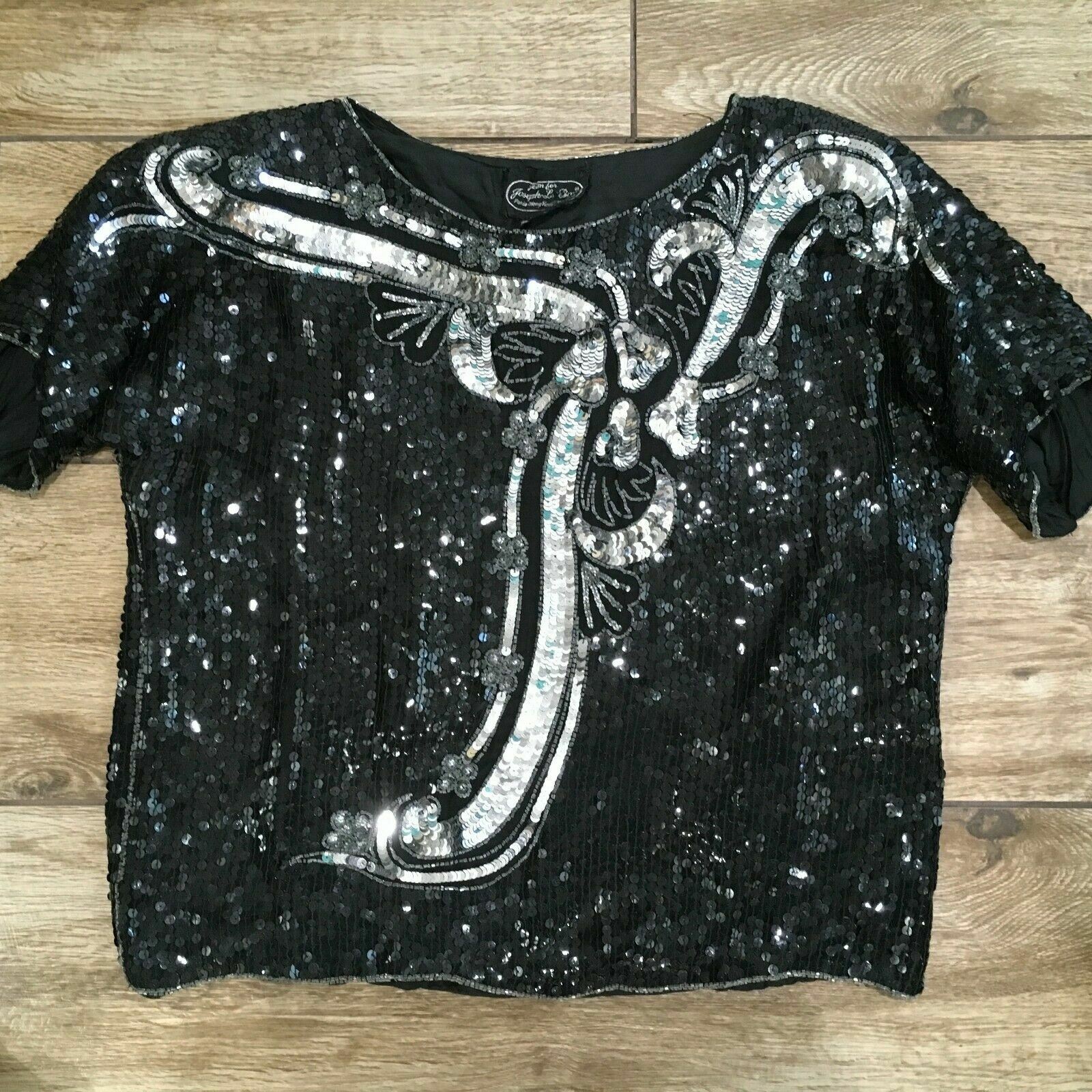 Vintage JEAN for JOSEPH LE BON Silk Black Sequined Floral Top Large Glam
