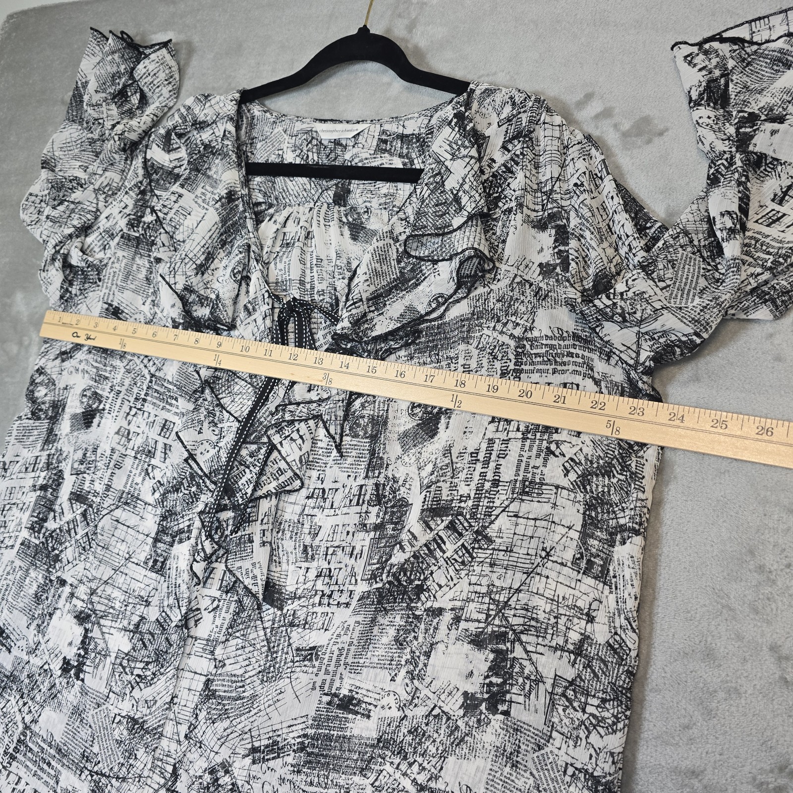 Christopher Banks Open Front Blouse W’s L News Print Sheer Artsy Whimsical