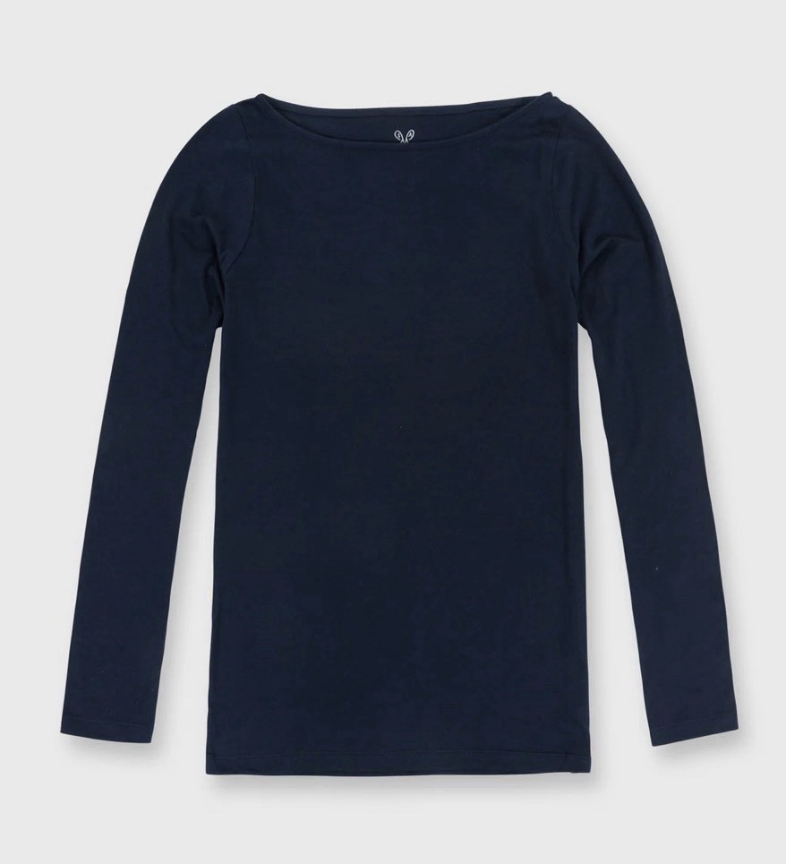 NWT Ann Mashburn Long Sleeved Boat Neck Tee Womens XL Navy Blu 100% Pima Cotton