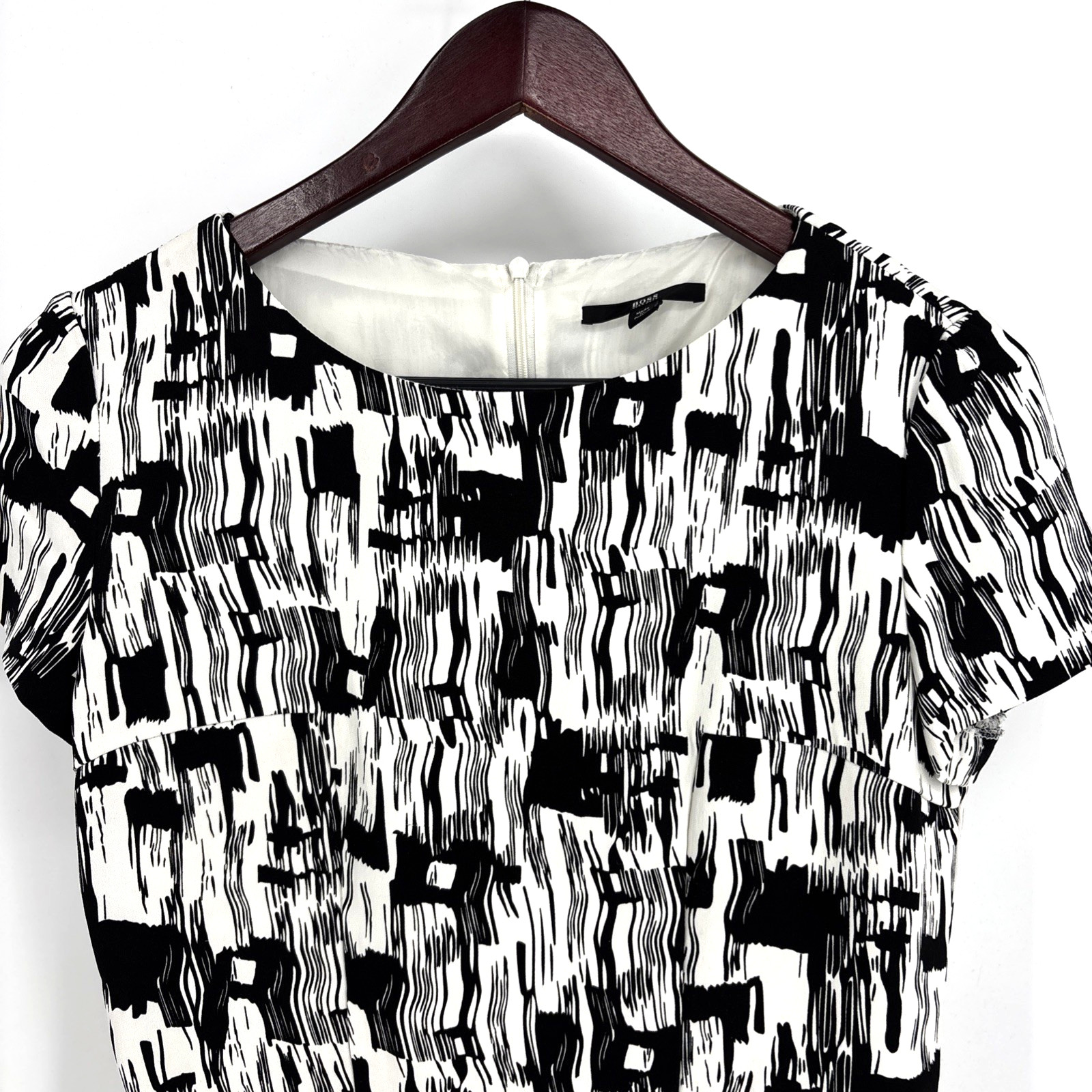 BOSS Hugo Boss Shirt Womens Black White Abstract Short Sleeve Peplum Zip Back 4