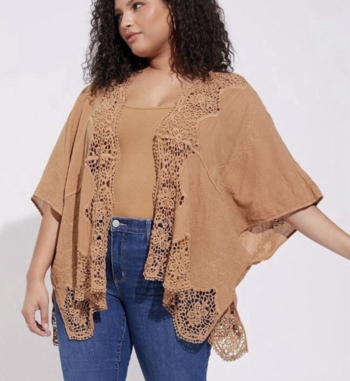 Torrid Ruana Womens OS Brown Embroidered Open Front With Sleeves Boho Festival