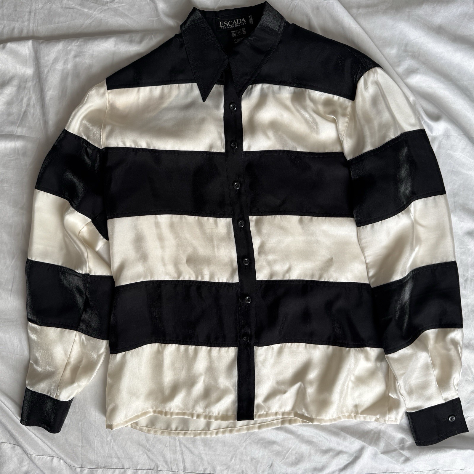 Vintage Escada Top Blouse sz 38 silk stripe black white Beetlejuice button shirt