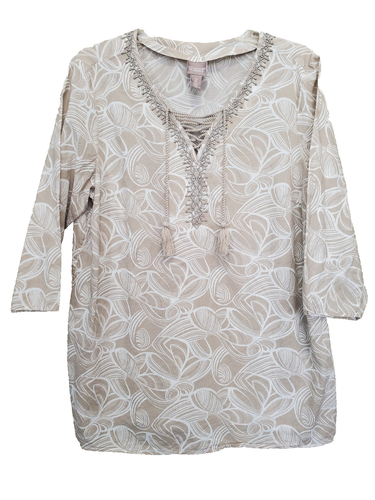 Chico’s Tan Swirl Print Lace Up Beaded Tasseled Cotton Tunic Size 2 Large Boho