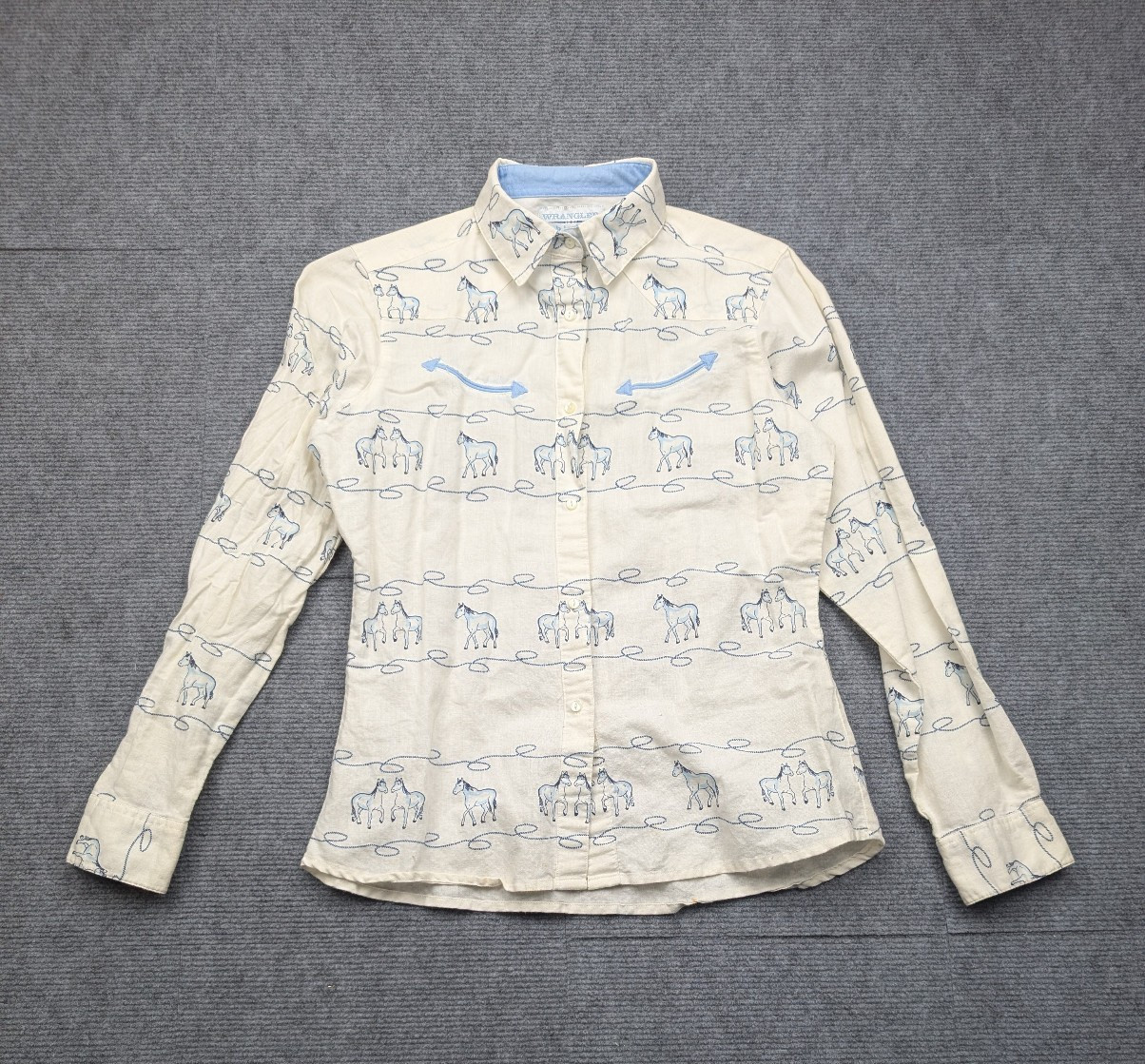 Vintage Wrangler Blues Button Up Shirt Womens Small Equestrian Horse Western 90s