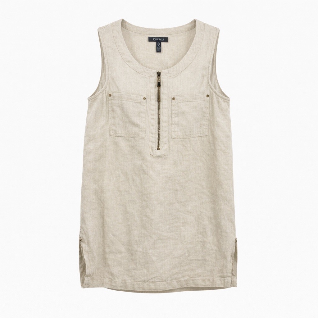 Ellen Tracy Linen Top Women Small Beige Sleeveless Zip Front Tassel Utility Tank