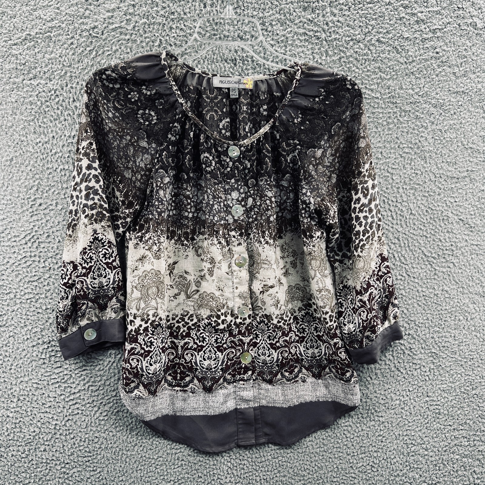 Figueroa & Flower Womens PS Boho Peasant Blouse Black White Paisley Floral Print