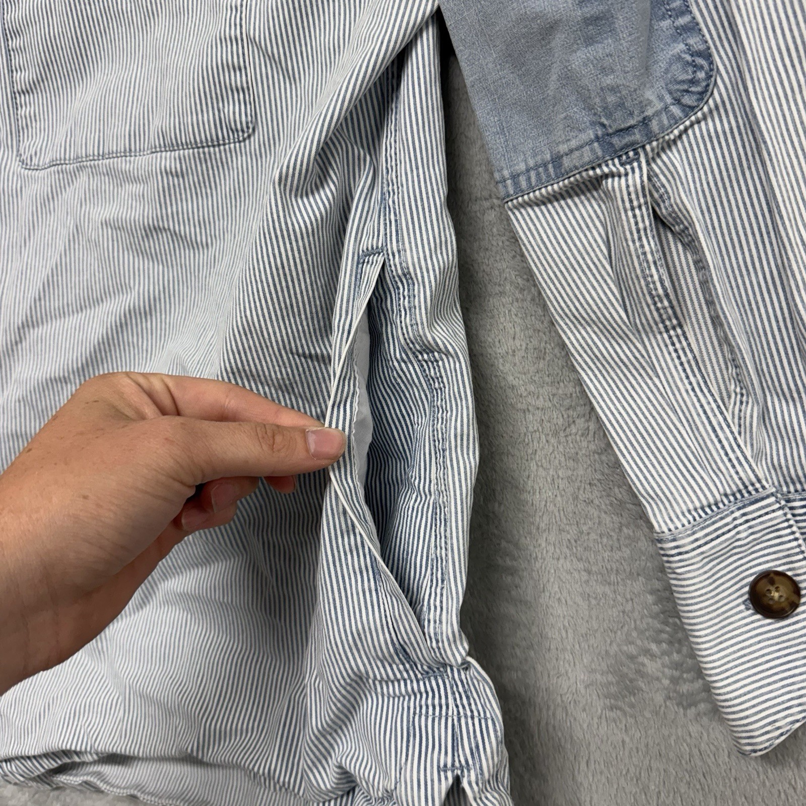 Dovetail Workwear Pin Striped Elbow Patch Button Up Shirt Shacket Womens XL