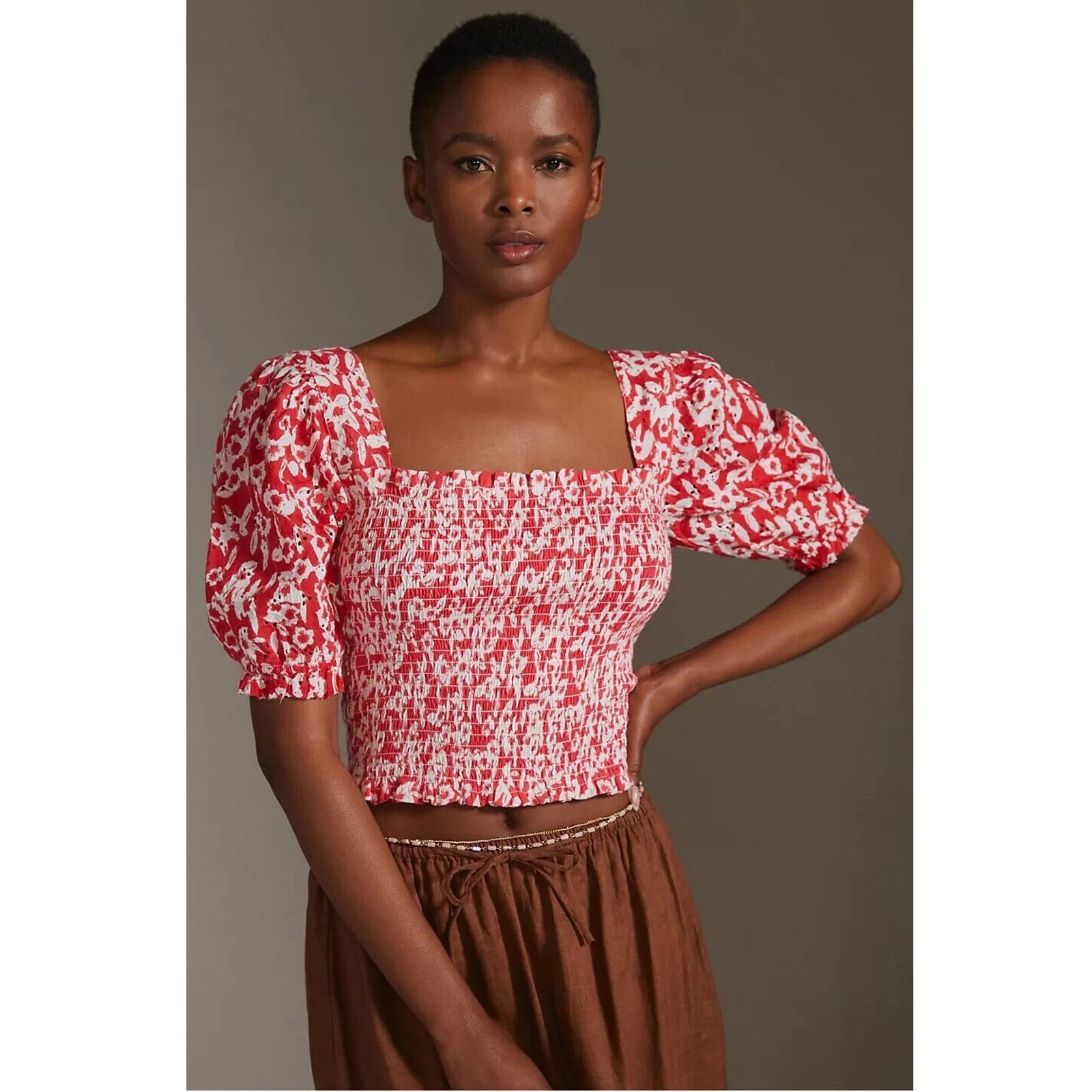 Anthropologie Smocked Eyelet Cropped Blouse Top Floral Embroidered XXS