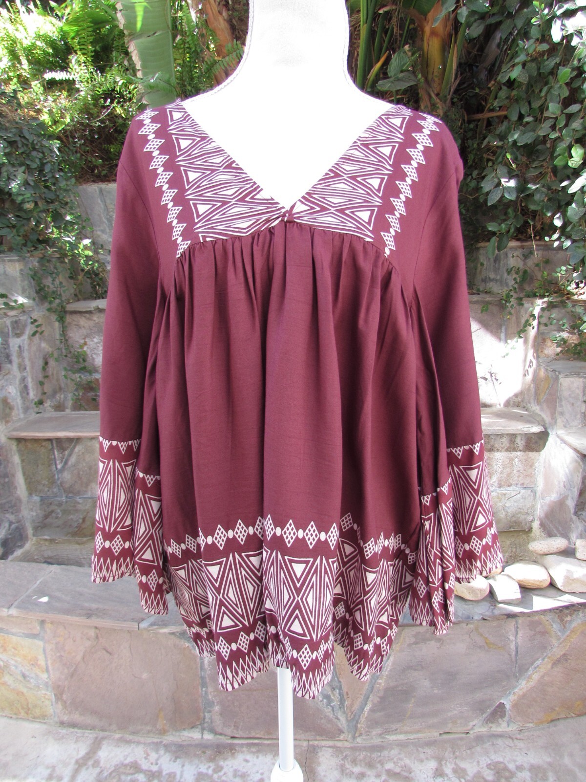 World Market Women’s Top Blouse Kimono Tunic Boho Rayon Print Maroon Size S/M