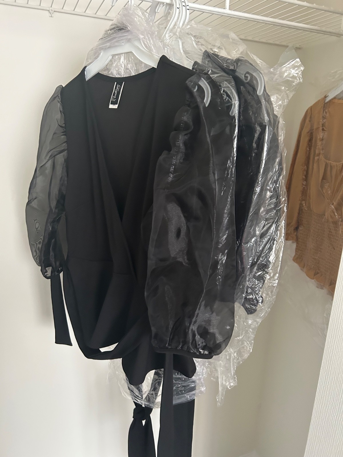 Women’s Black Organza Sleeve Peplum Wrap Top