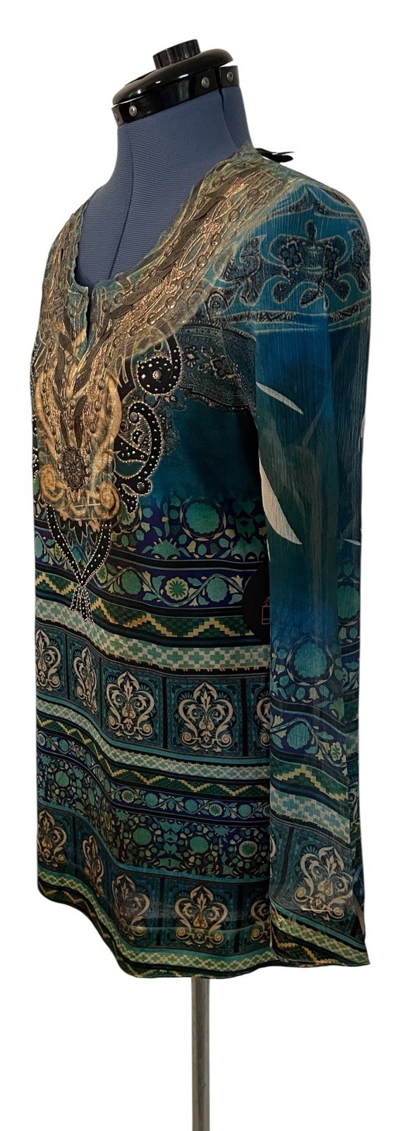Blue Green Gold Beaded Embroidered Paisley Sheer Sleeve Tunic Festival Fairy XL