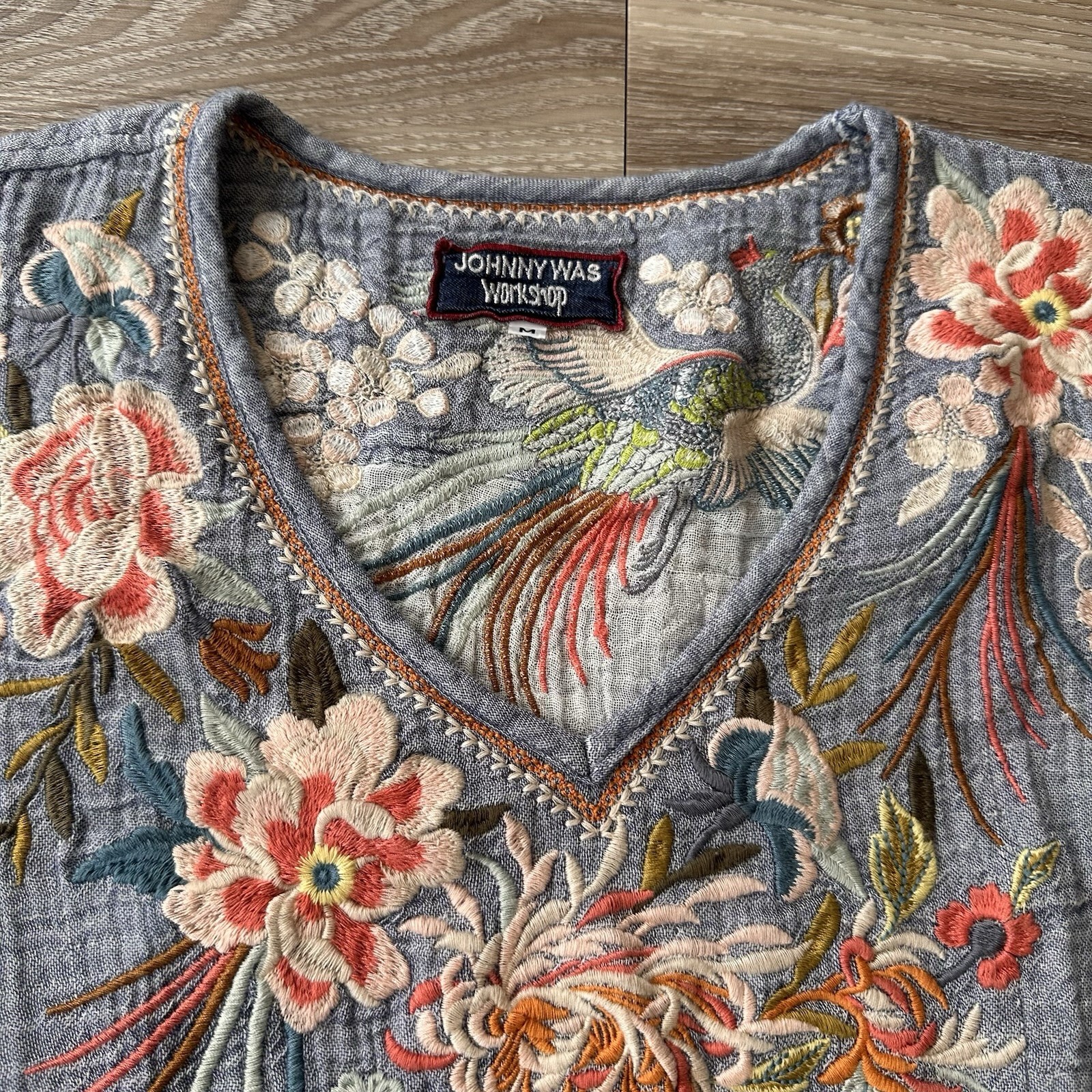 Johnny Was Workshop Embroidered Blouse Tunic Top Bohemian Mandala Crepe Blue M