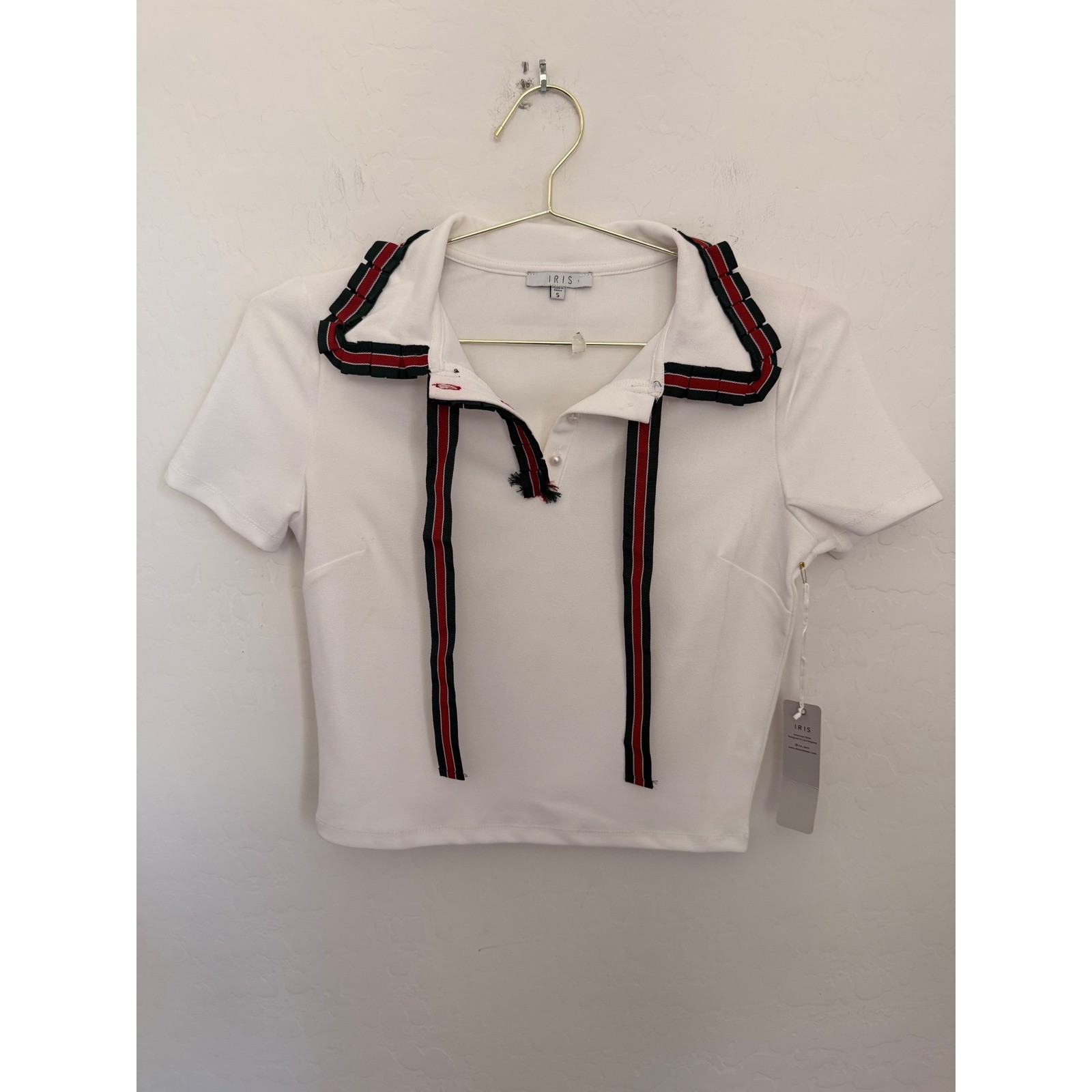 IRIS Womens White Sailor Collar Crop Polo Top Navy Red Striped Trim NWT IT10 S