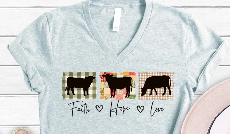 Love in Faith Faith Hope Love Cows V-Neck Tee Large Heather Prism Ice Blue