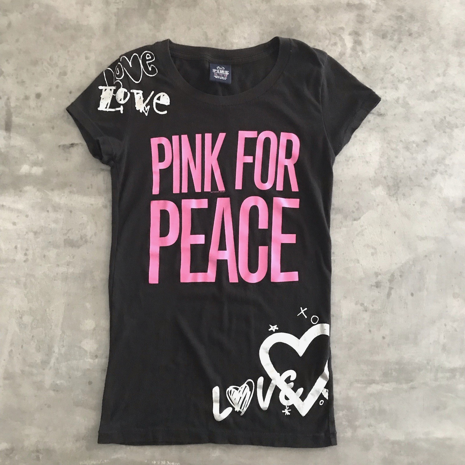 Y2K PINK Victoria Secret Top Womens XS Love Peace Metallic Black Graphic T-Shirt
