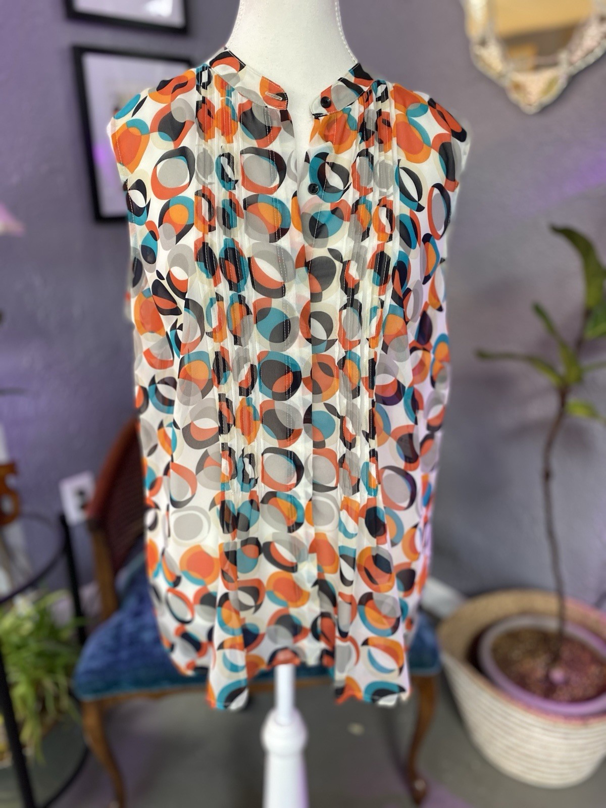 Liz Claiborne NWT sleeveless Tank Button Up Retro Print Size Large