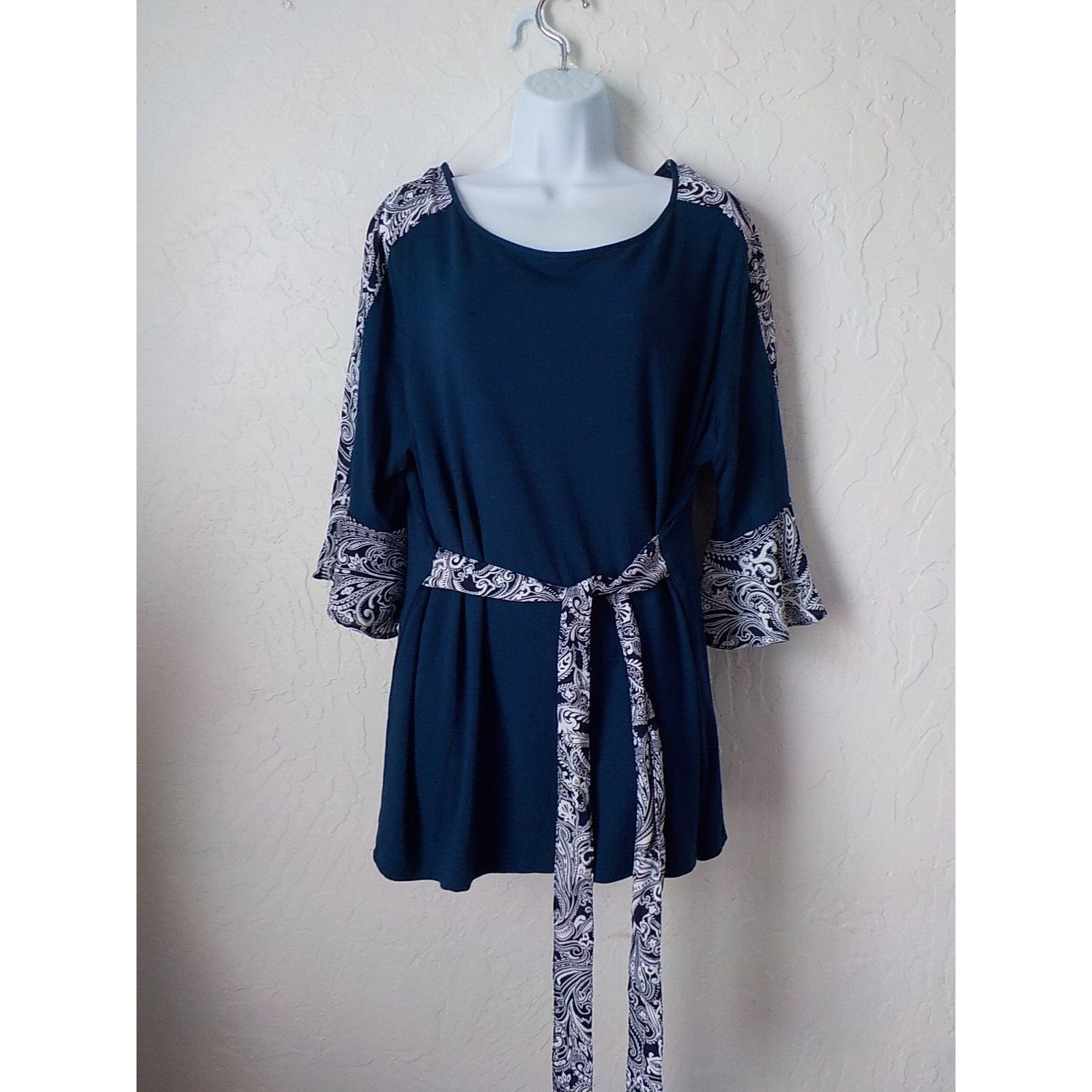 Counterparts Blue Tunic Blouse Women size XL with Belt Flare Half Sleeve Stretch