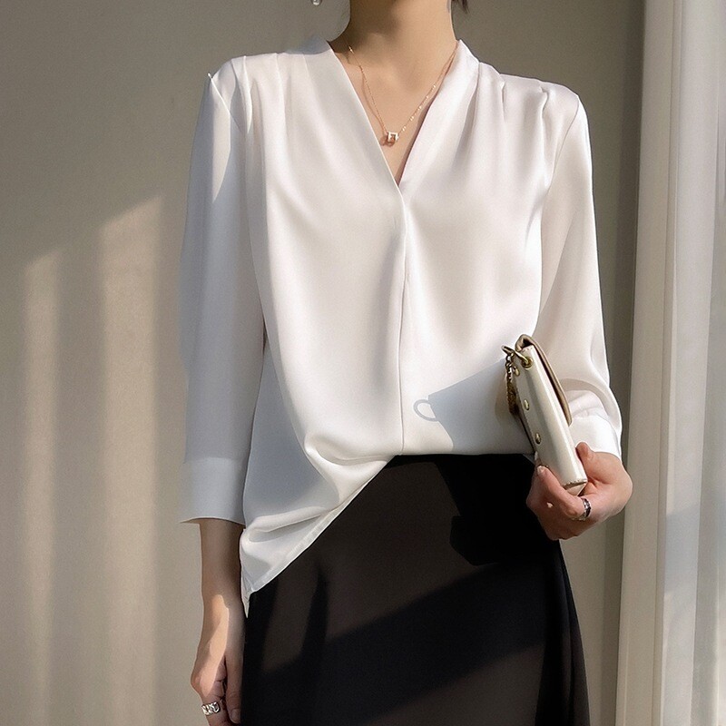 Women’s Elegant Silk Satin V-Neck Tops Shirt Long Sleeve Business Blouses Shirts