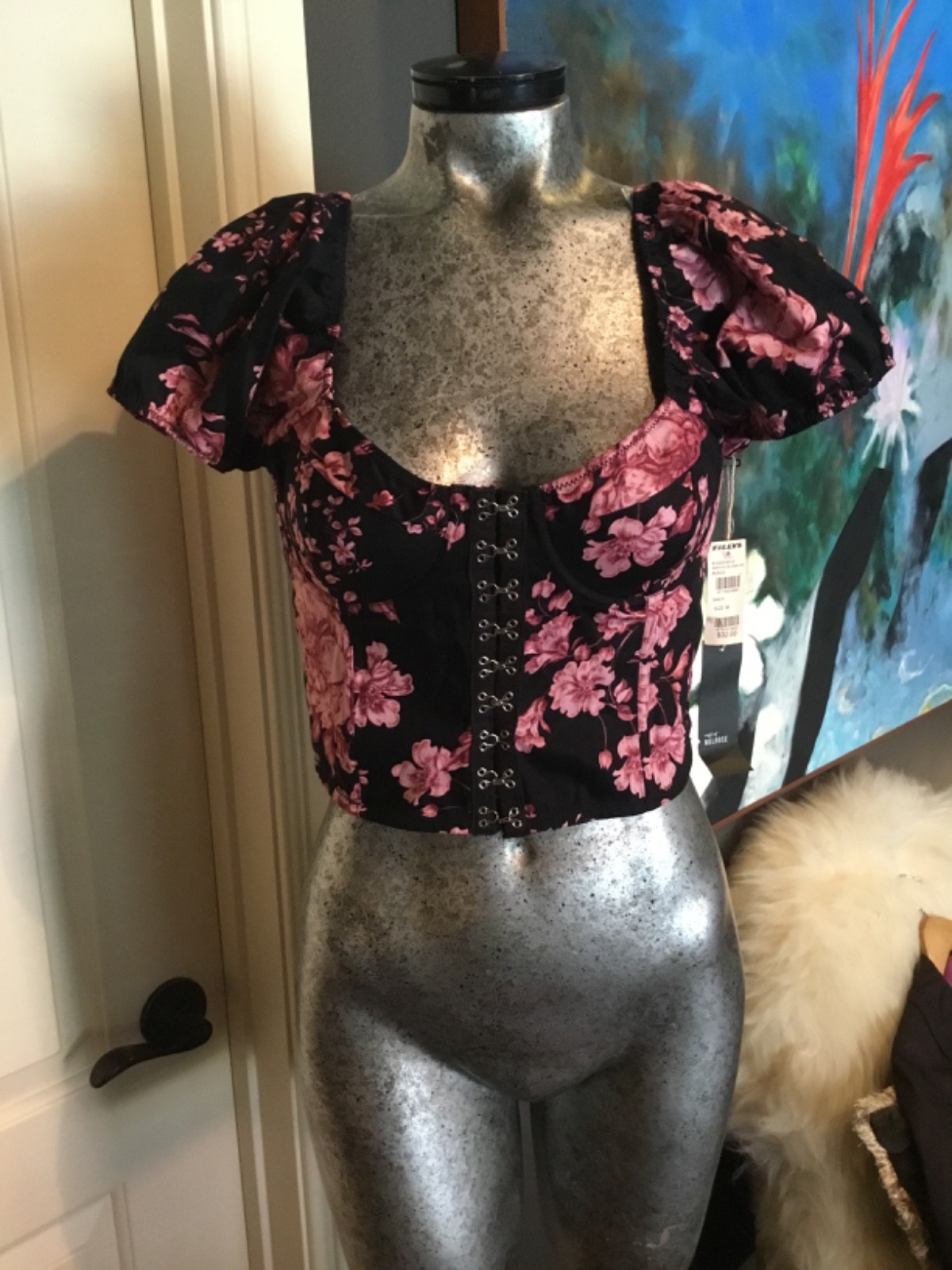 West of Melrose Crop Top Whimsigoth Womens M Floral Hook Eye Front Smocked Y2K