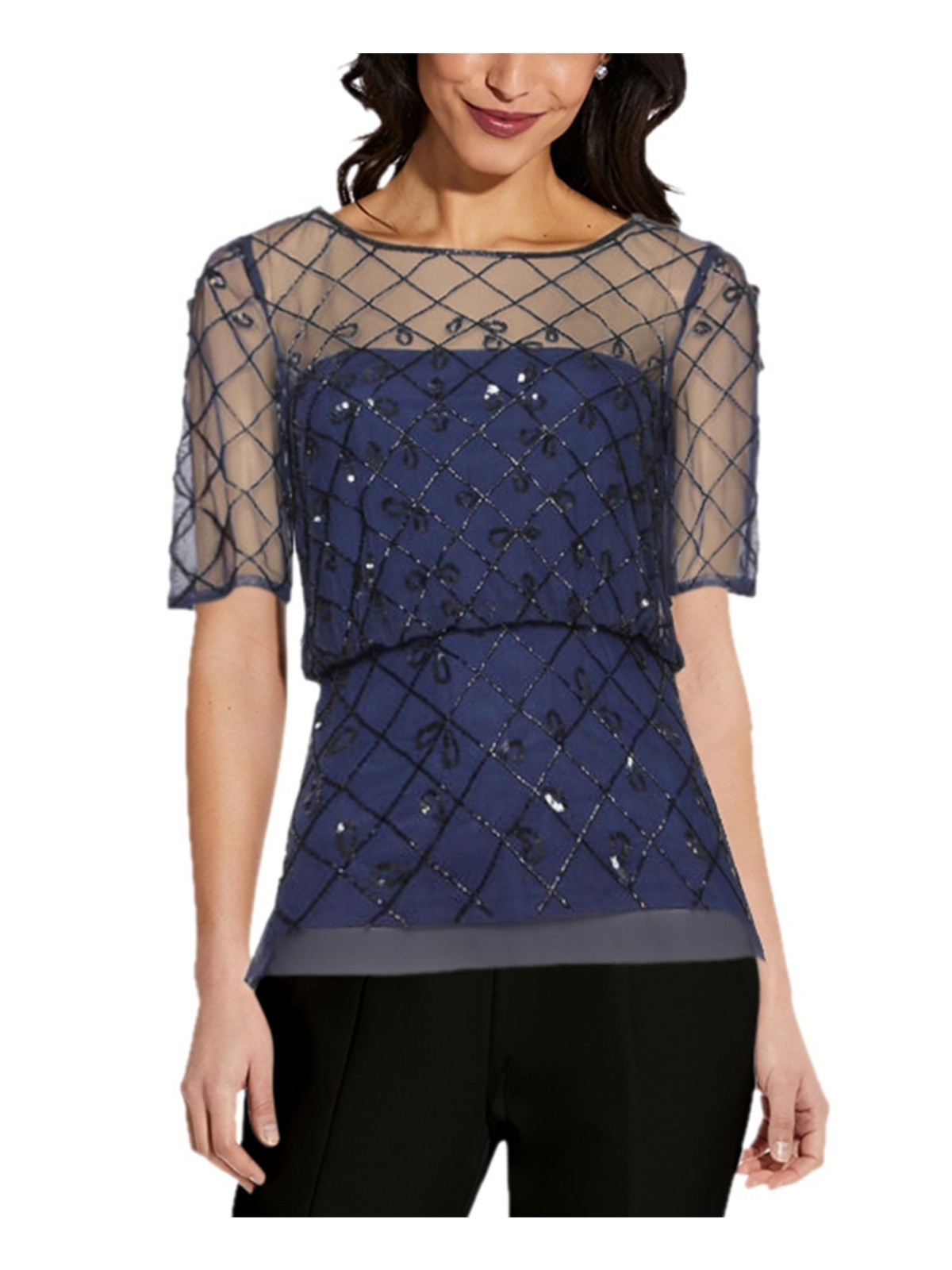 ADRIANNA PAPELL Beaded Sheer Evening Top Womens 6 Short Sleeve Dressy MSRP $149