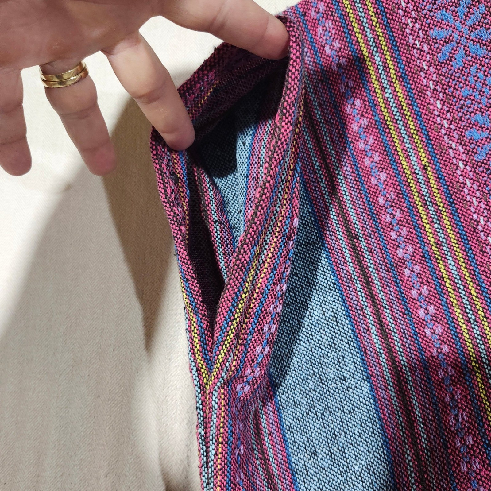 Elephant Jungle Sanctuary Traditional Thai Poncho Top Blue Pink Striped Medium