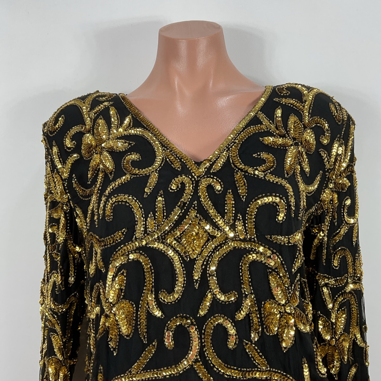 Vtg Womens Sequin Silk Top Black Gold Jean Joseph Le Bon Long Sleeve Sz M