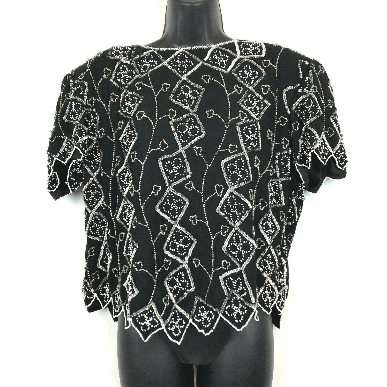 Marina By Marina Bresler XL Black Sequined Beaded Top Vintage Full Zip Back