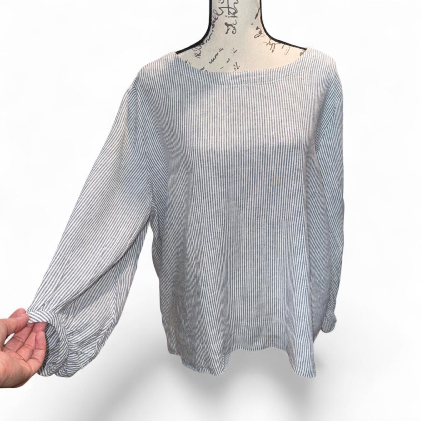 Marty M Old Money Linen Blend Stripe Bishop Sleeve Blouse Oversized Large