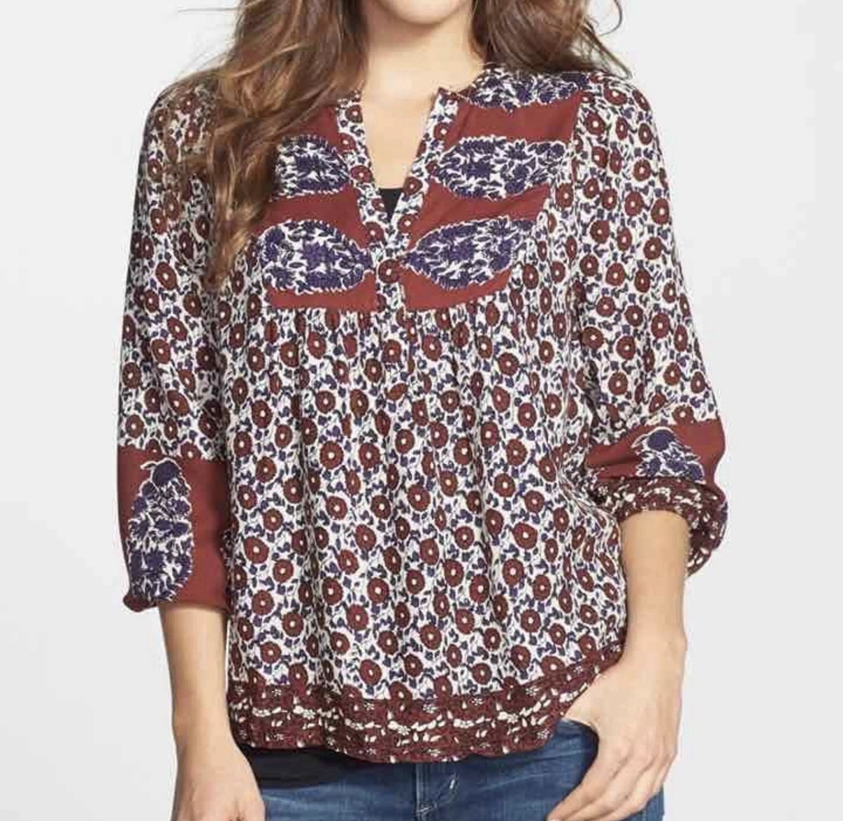 Lucky Brand Annabelle Mixed Print Peasant Top Size large White & Brick Red boho