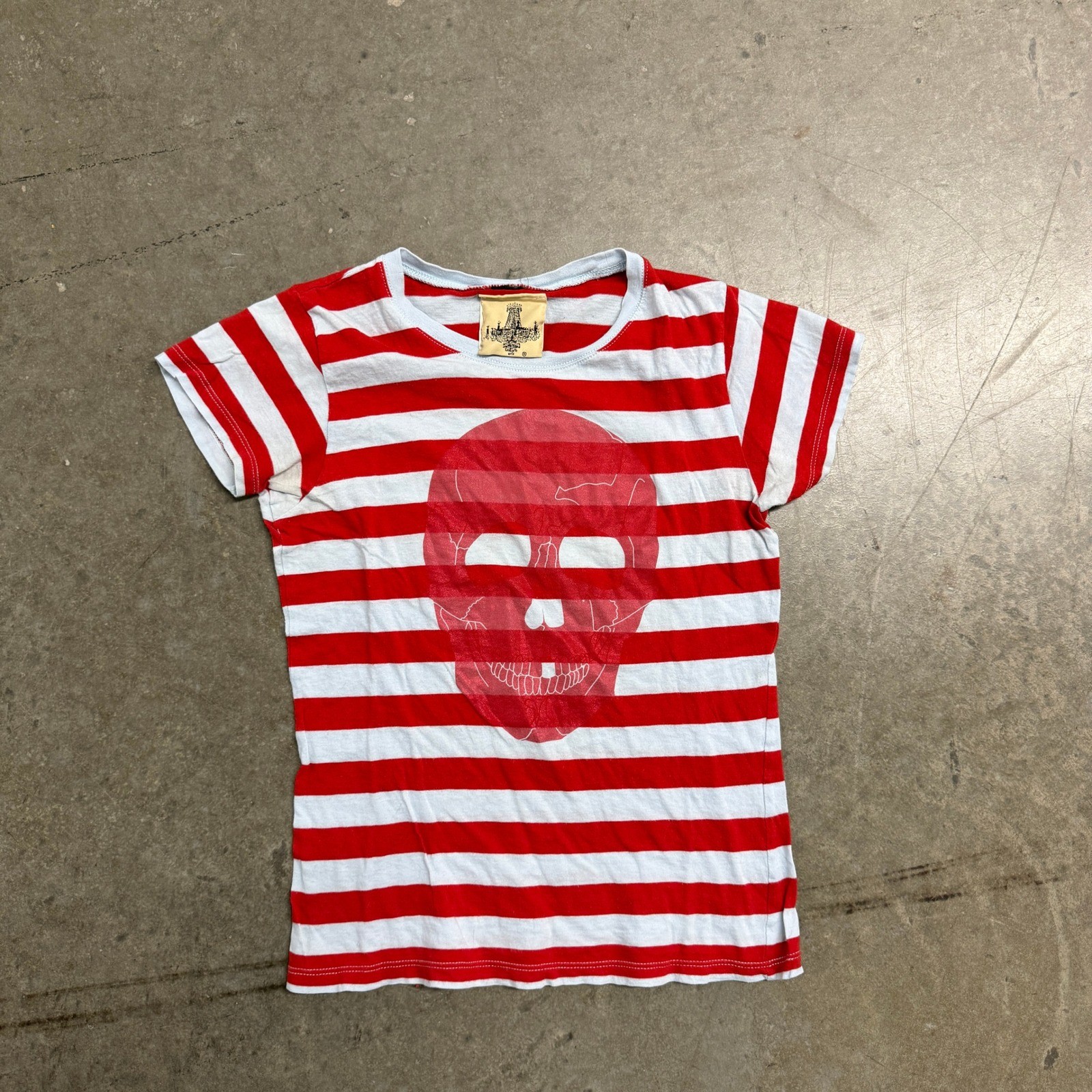 Royal Bones Red White Striped Skull Graphic T-Shirt Y2K Goth Punk Medium