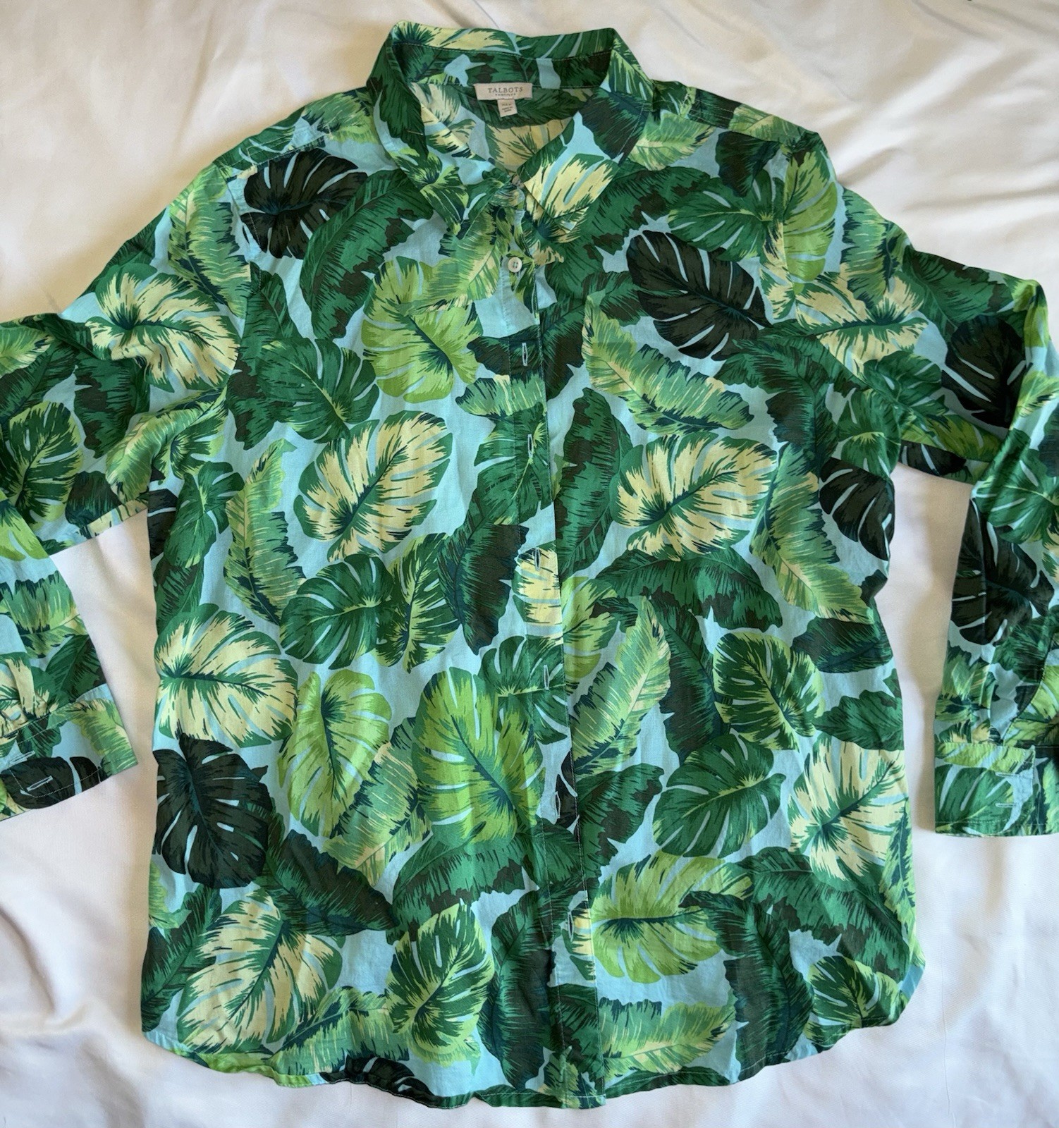 Talbots XL XLP Petite Button Down Cotton Blouse Yellow Blue Green Floral Cotton