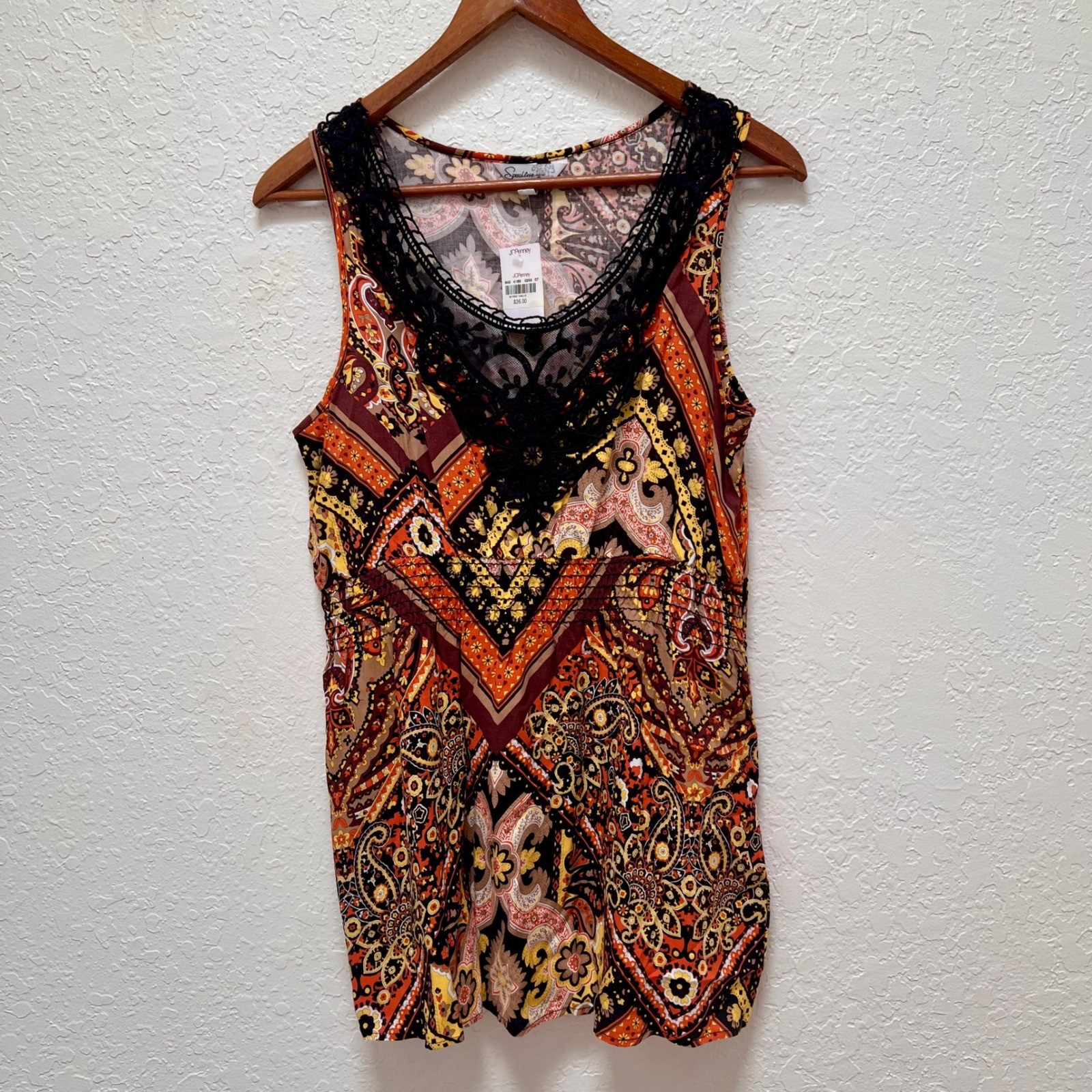 Speechless VTG Womens Paisley Sleeveless Top Black Crochet Lace Smocked L NWT