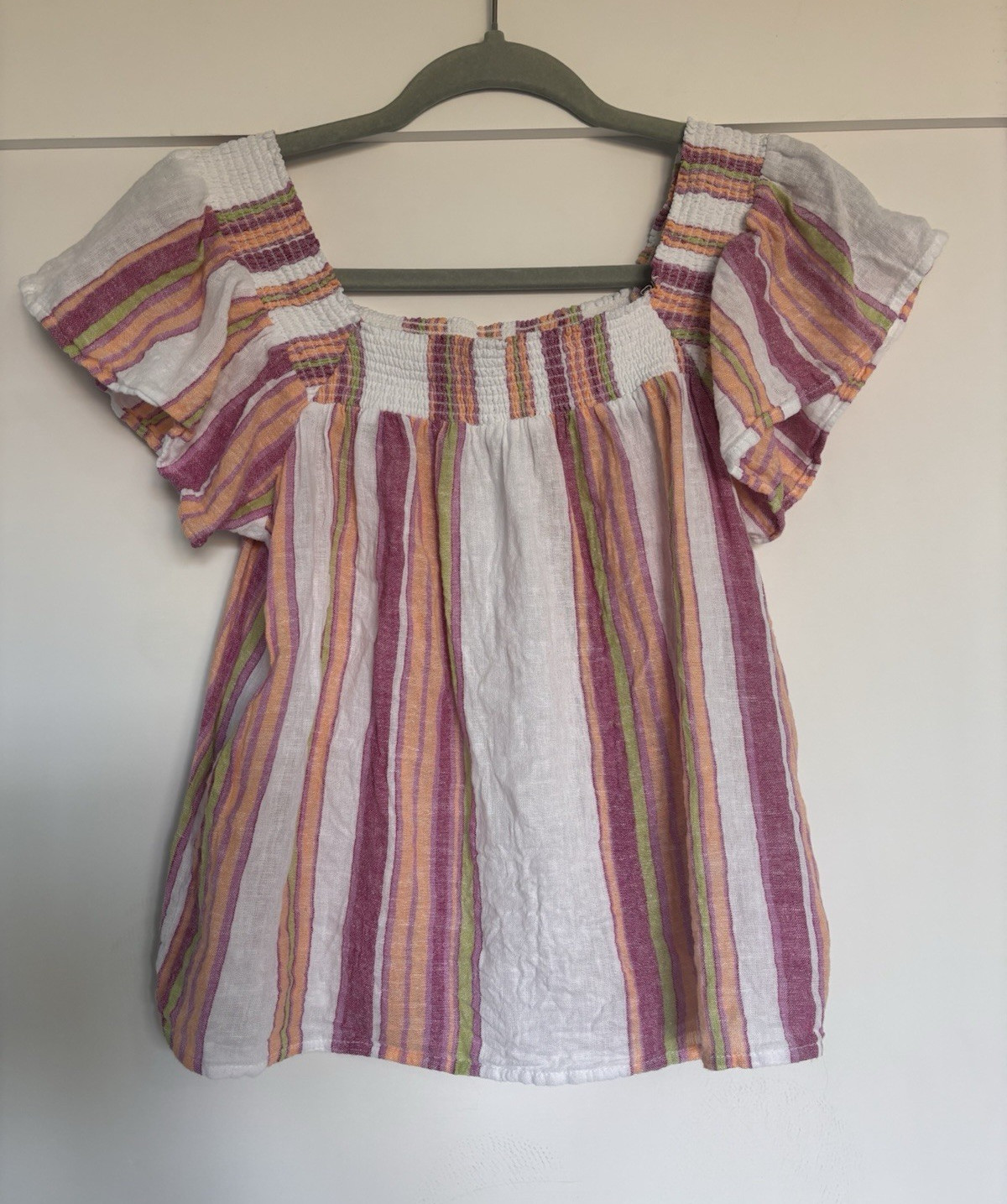 Rails Women’s XS Striped Smocked Square Neck Flutter Sleeve Cotton Blouse