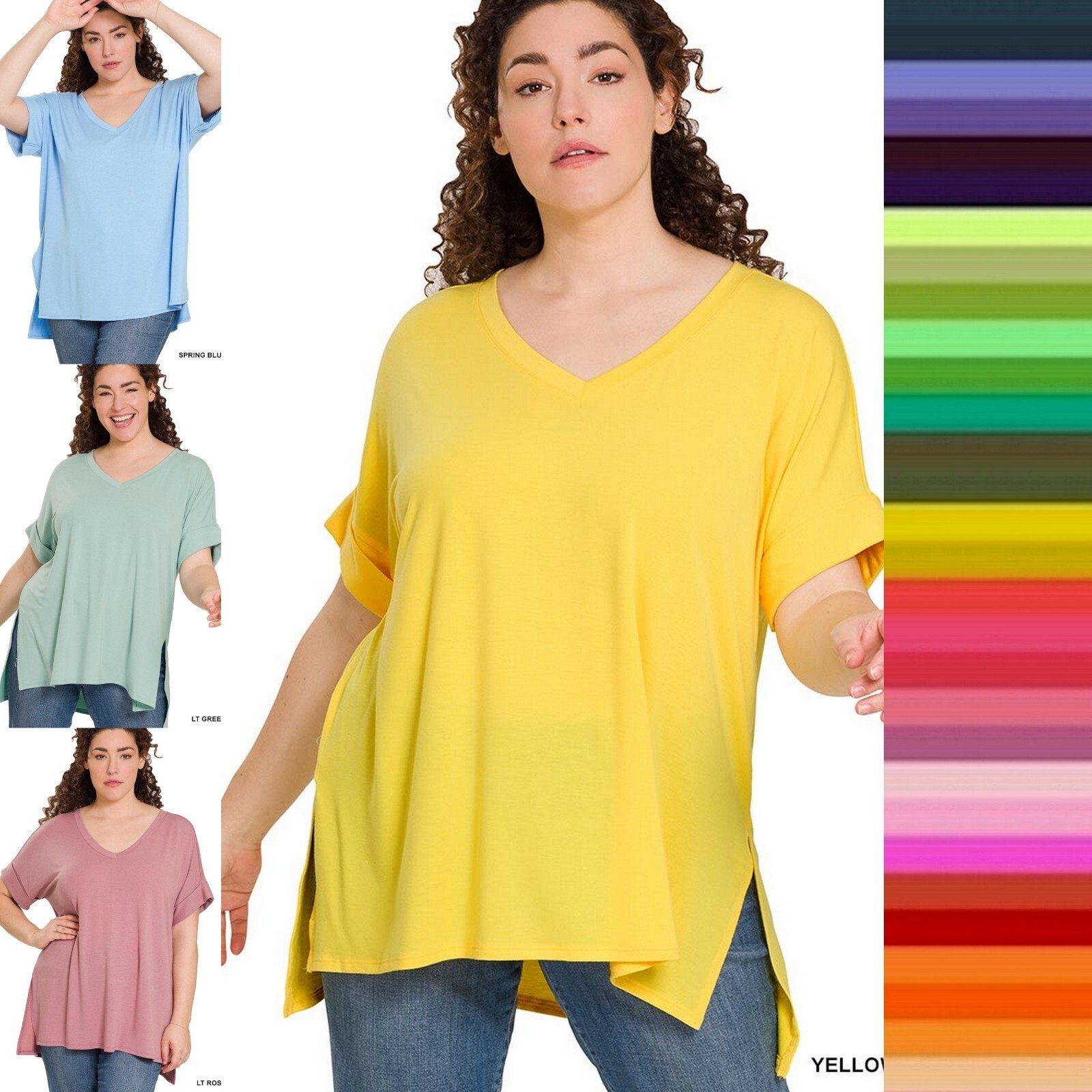 1X 2X 3X Women’s V Neck Rolled Short Sleeve Rayon Top Loose Fit T Shirt Tunic