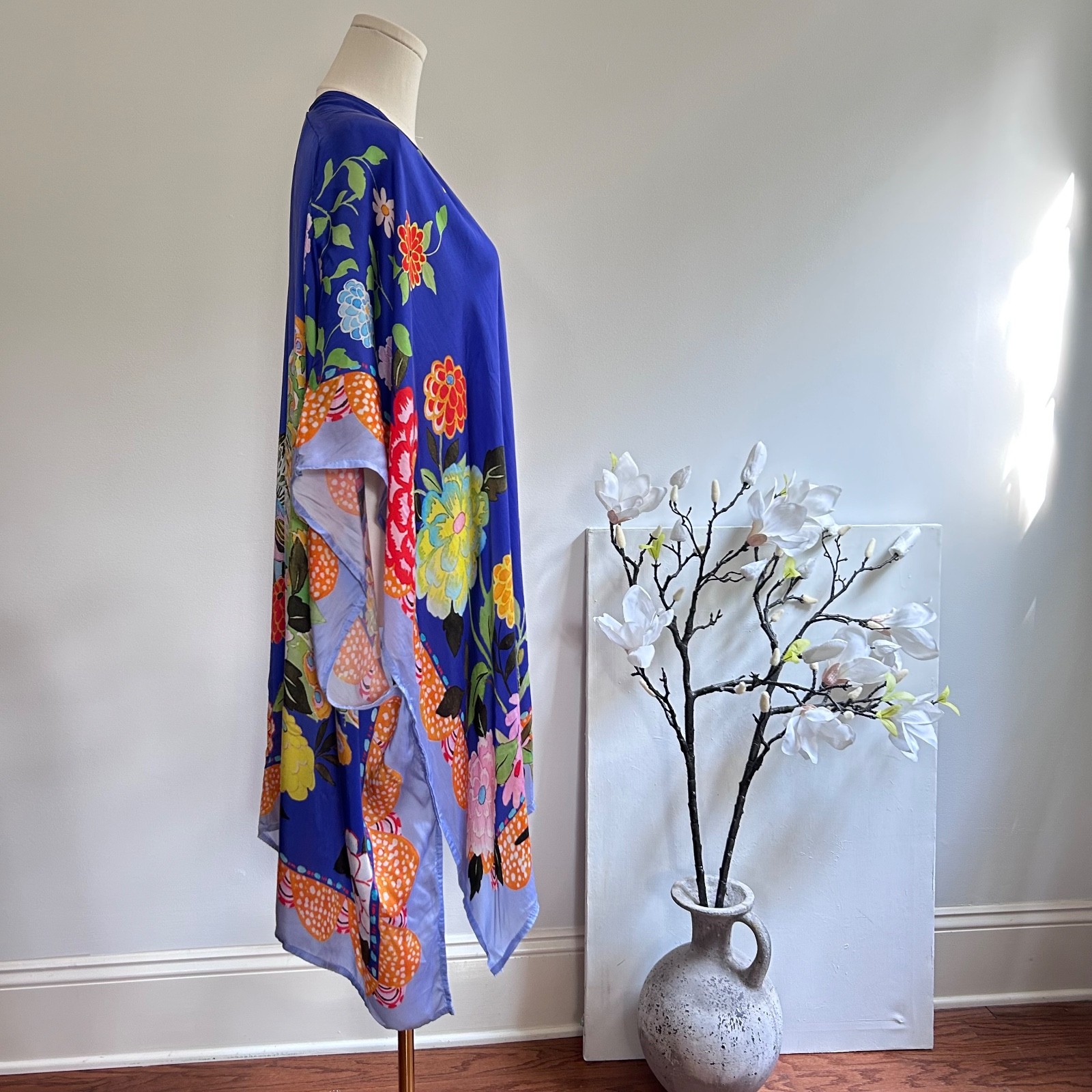 Margot Elena Peacock Floral Kimono Duster Robe OS Bemberg Silky Open Vibrant