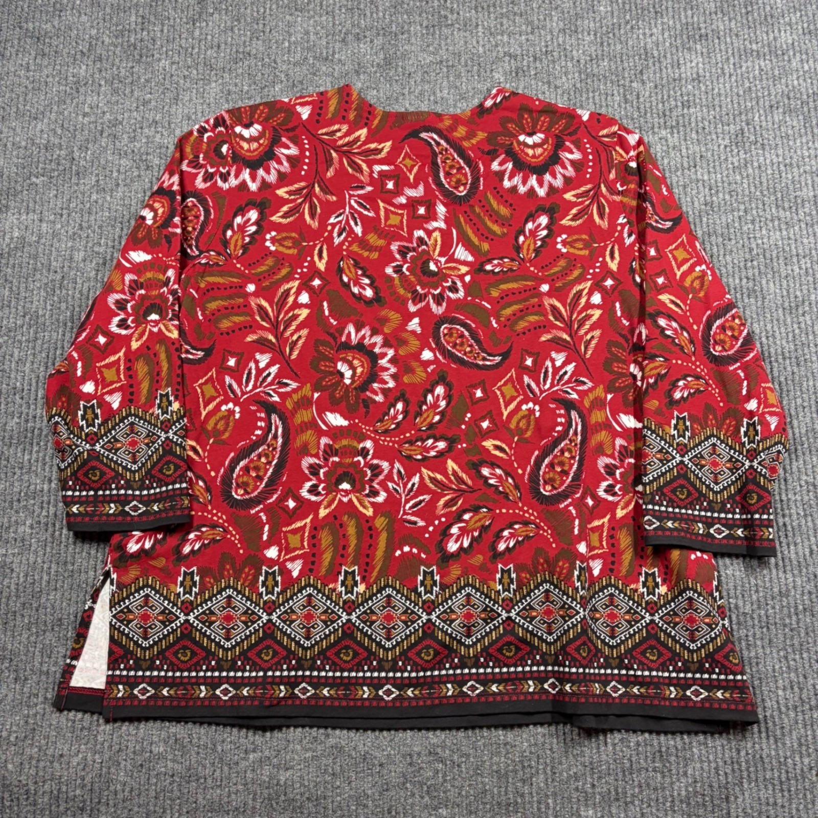 Ruby Rd Petite Top Womens XL Red Paisley Floral Beaded Square Neck 3/4 Sleeve