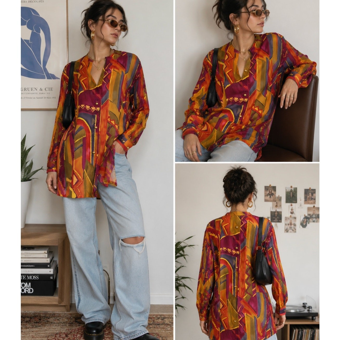 Vintage Silk Abstract Tunic Blouse Art Print Oversized Y2K Boho Button Front