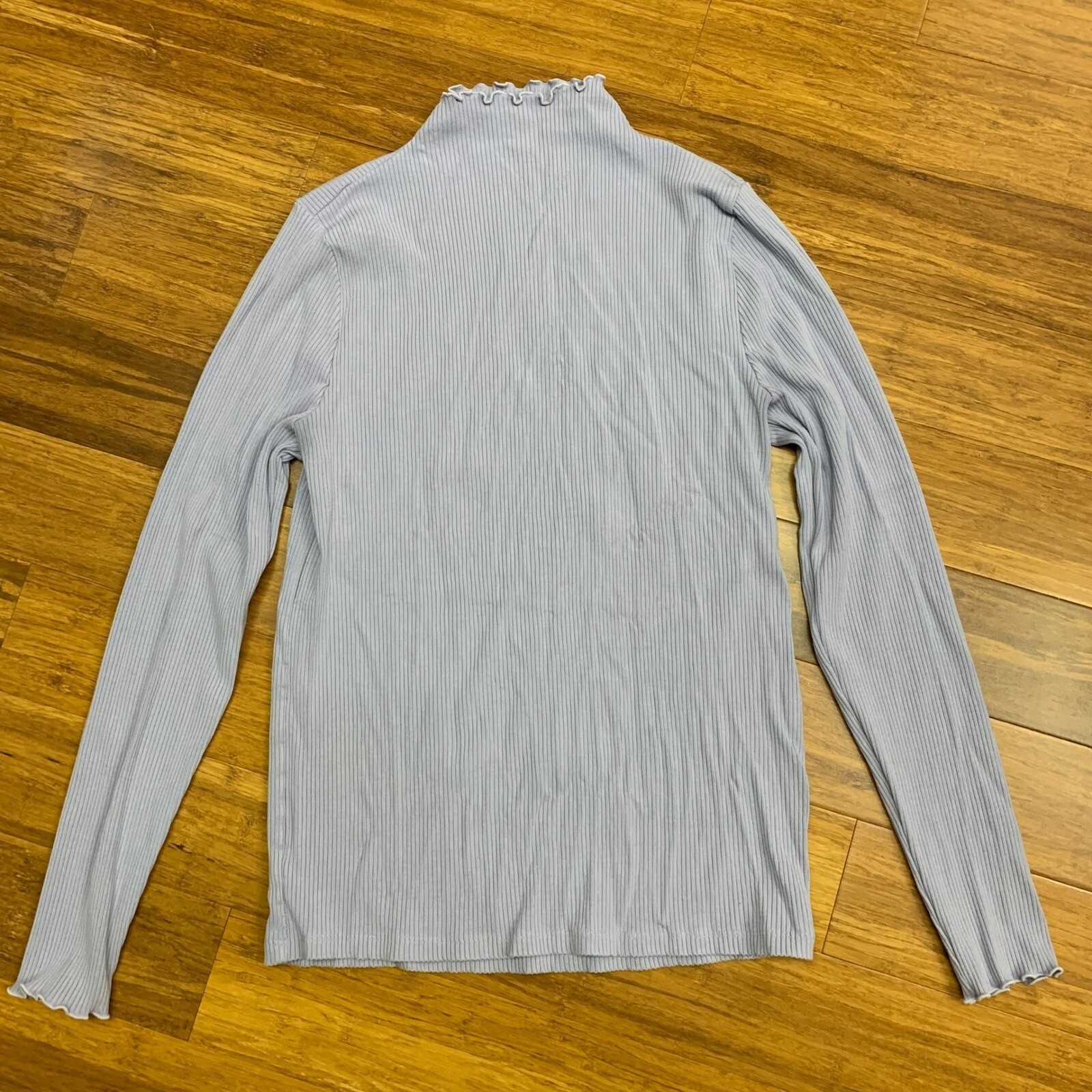 LOFT Ribbed Lettuce Trim Mock Neck Long Sleeve Top Womens Size L Periwinkle Blue