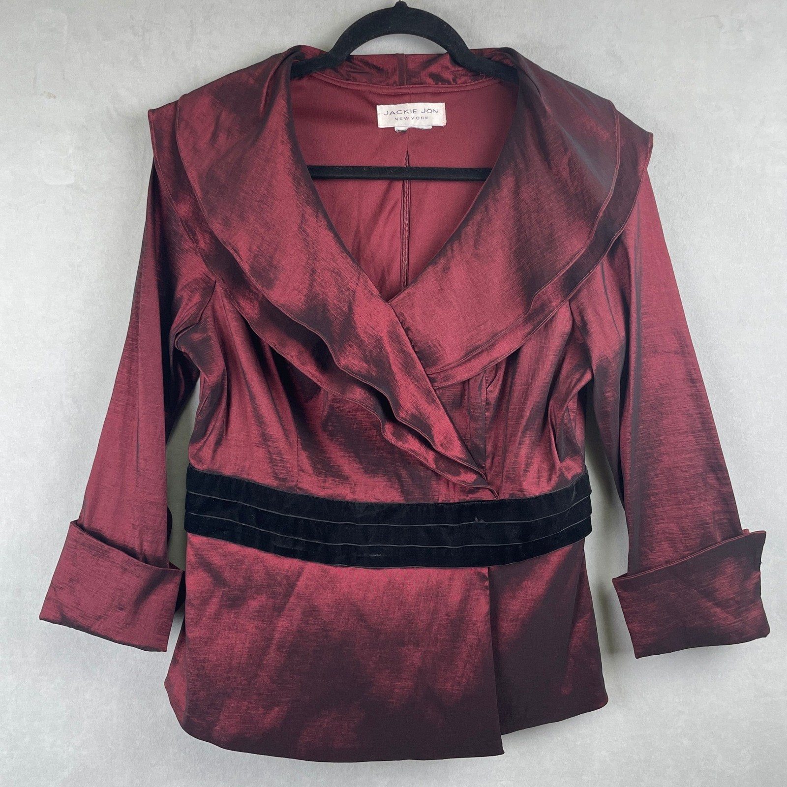 VTG Jackie Jon New York Burgundy Taffeta Shawl Collar Gothic Top Velvet Waist M
