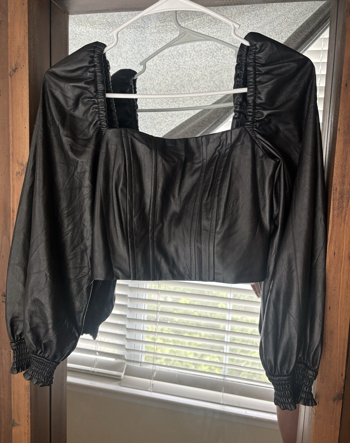 Alice + Olivia Black Cropped Square Neck Puff Sleeve Long Sleeve Blouse Size 2