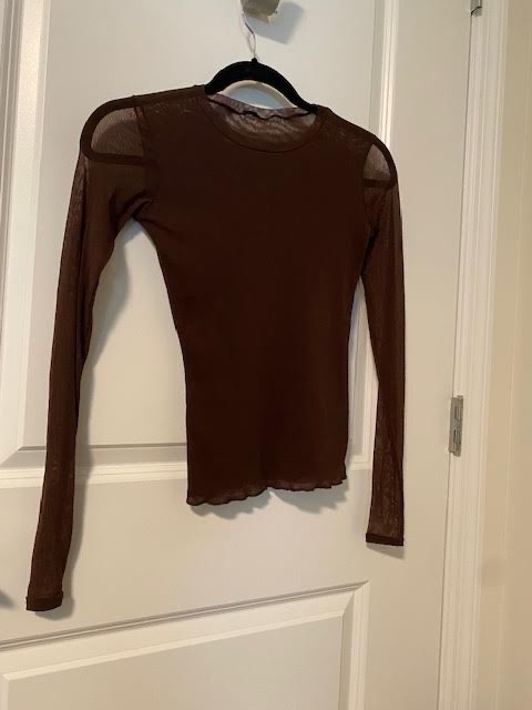 LILITH OF FRANCE long-sleeve MESH top/tee shirt + SASH BROWNS size MEDIUM