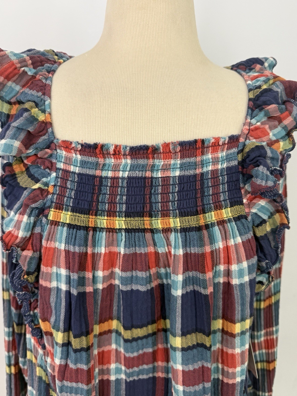 We the FREE PEOPLE New Siena Plaid Pullover TOP Small Babydoll Teal Country $118