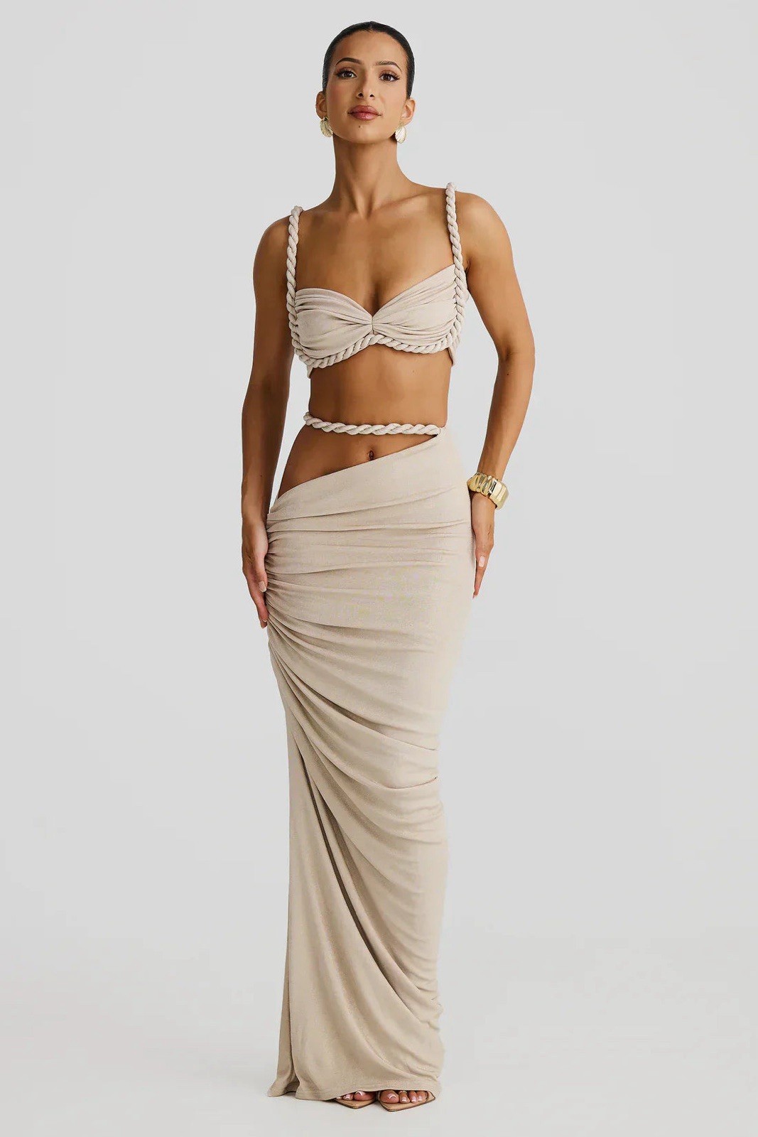 Beige Maxi Skirt Halter Top Set Rope Miami Beige Ivory Summer Small Vacation