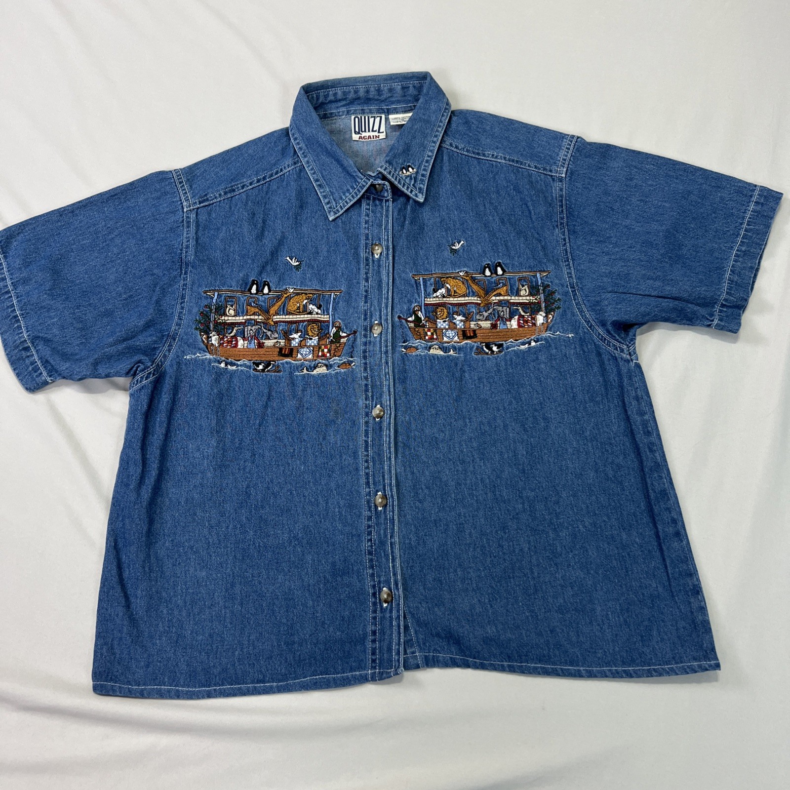 Quizz Again Jean Shirt Womens Medium Blue Embroidered Noah’s Ark Bible Religious