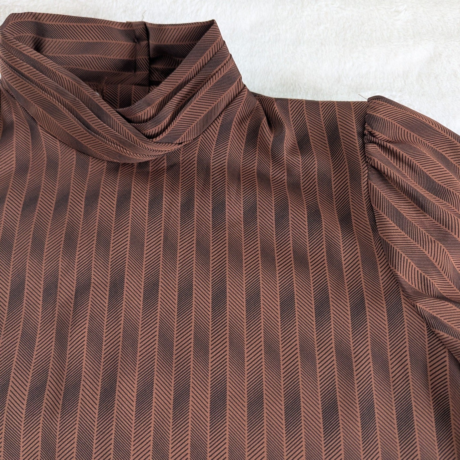 Vtg Jonathan Martin Striped Mock Neck Blouse Brown Puff Sleeve Womens Sz 9/10