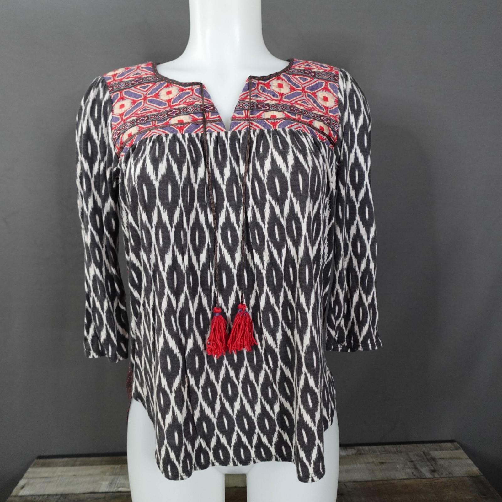 Womens Top XS Black Red Boho Mixed Fabric Casual Tassels Embroidered Sheer Back