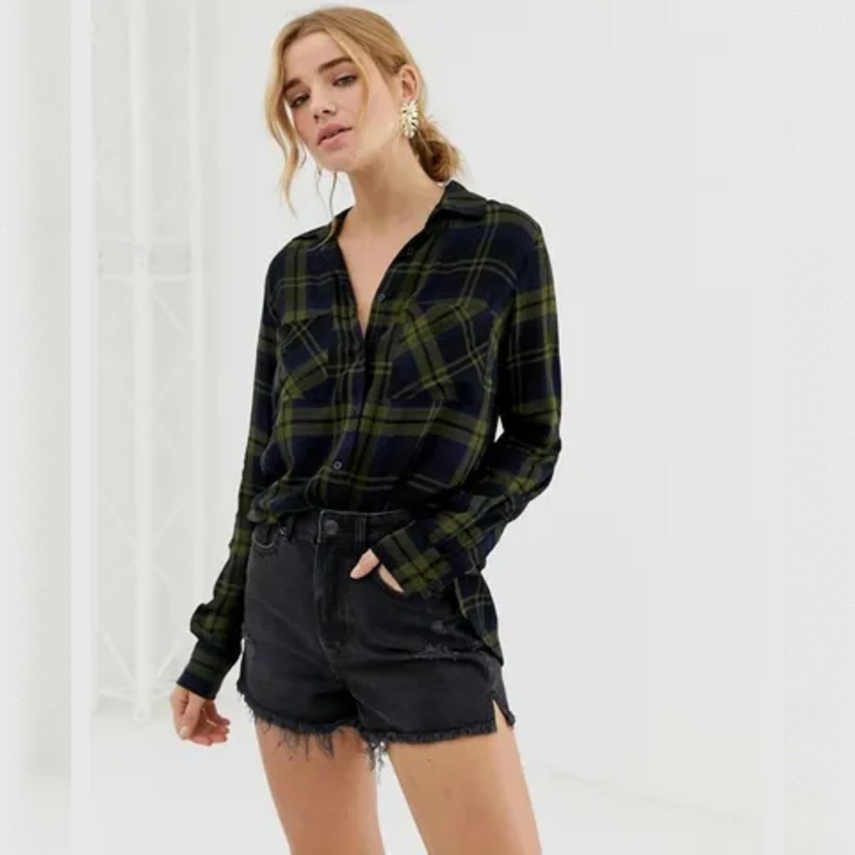 New Look Iris Viscose Check Plaid Shirt Women’s US 10 Olive Green Navy 3883922