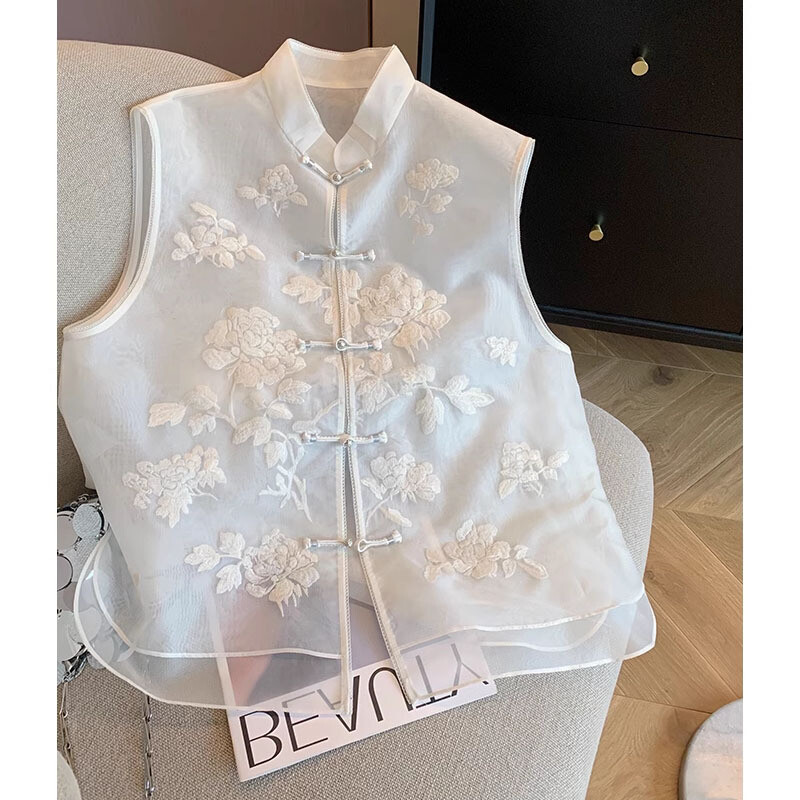 Chinese Embroidery Organza Stand Collar Vest Women’s Sleeveless Vest