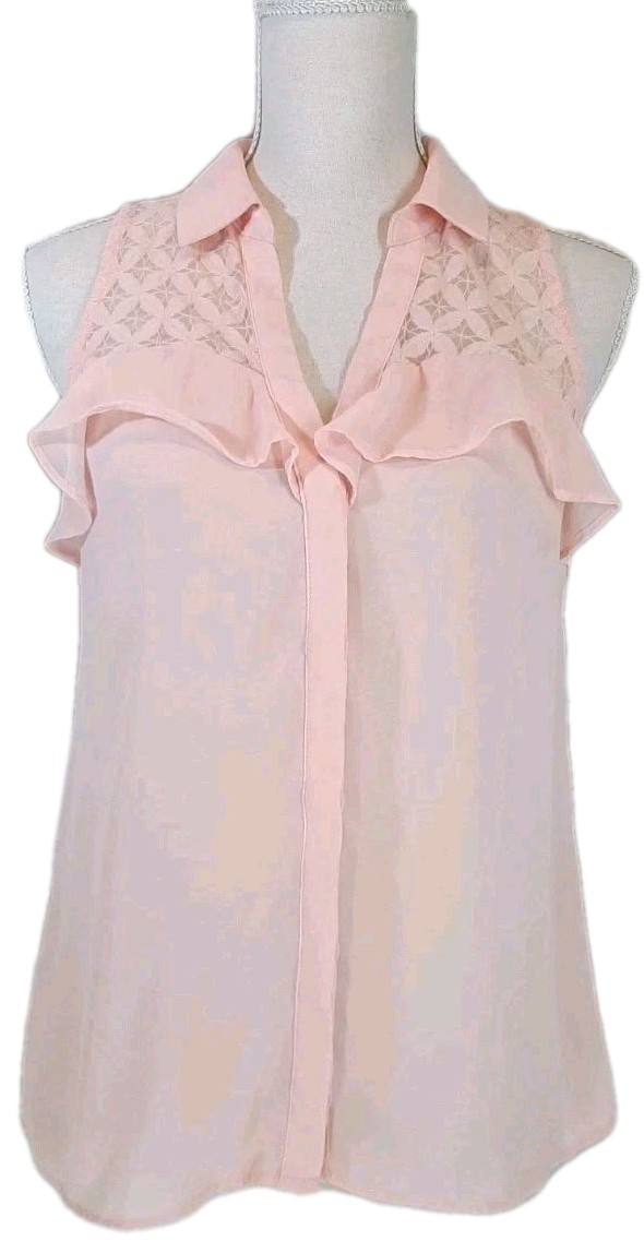 Candies SzM Semi-Sheer Sleeveless Blouse Invisible Button Down Top Lace Ruffle