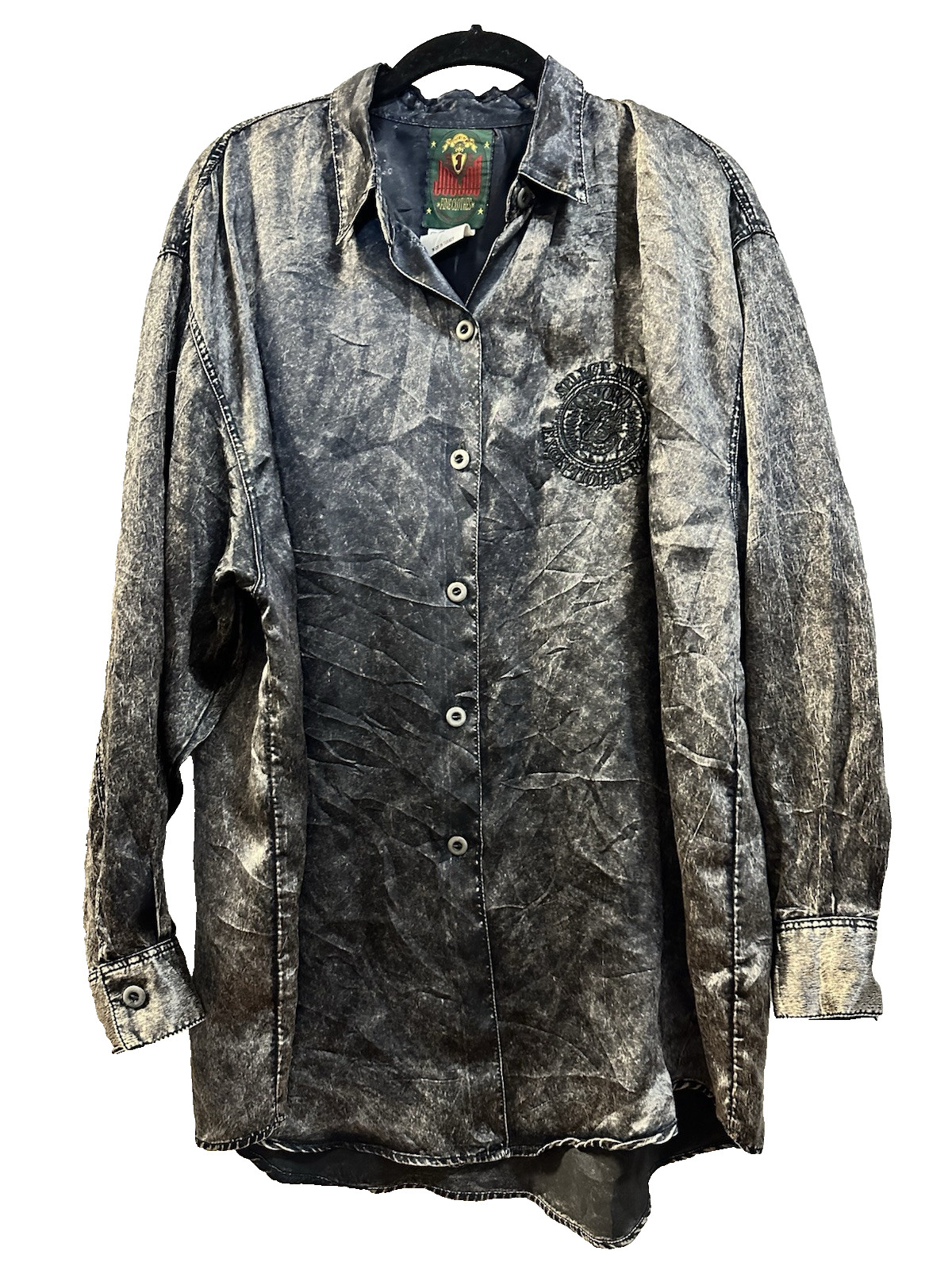 VTG 80’s JOU JOU Gray bleach wash satin feel button blouse Rocker Glam style